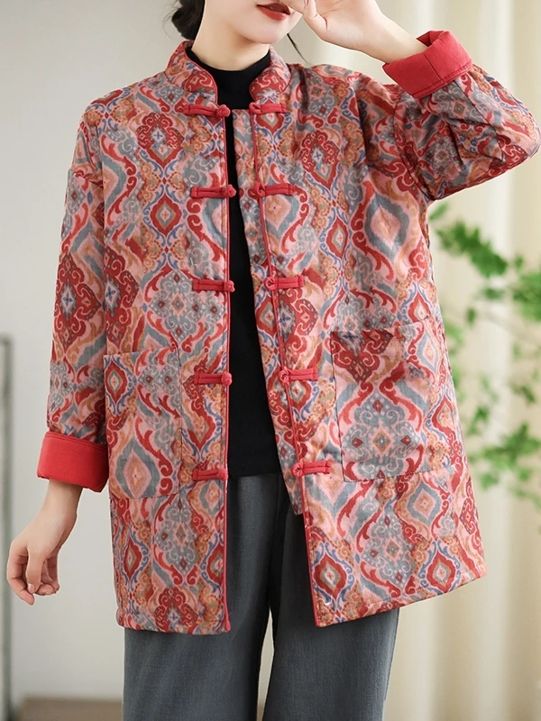 

Retro National Sle Printed Cotton Lined Mid-Length Women's Jaet Large Size Winter Outerwear Collar Stand-Up Color Blo