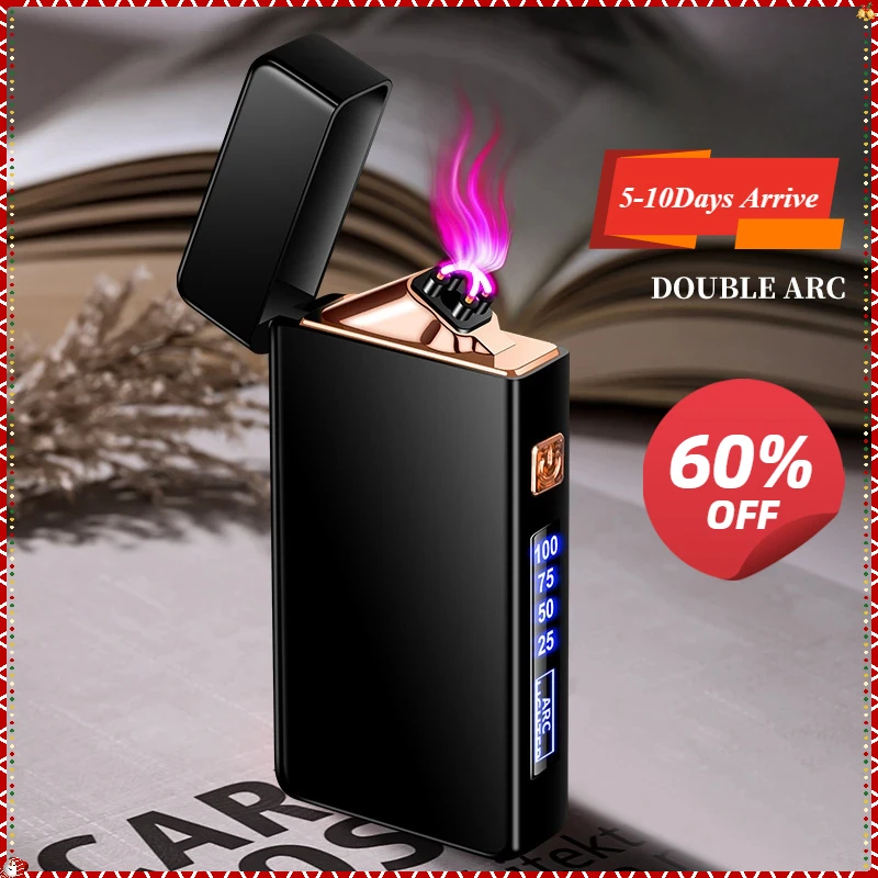 Electric Windproof Metal Lighter Double Arc Flameless Plasma Rechargeable USB Lighter LED Power Display Touch Sensor Lighters