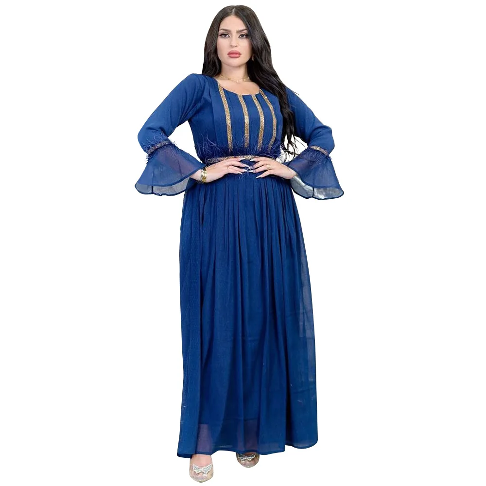 Women\'s New Summer Muslim Feather Hot Diamond Chiffon with Belt Round Neck Skirt Turkish Abaya Arab Islamic Women\'s Kaftan Gown