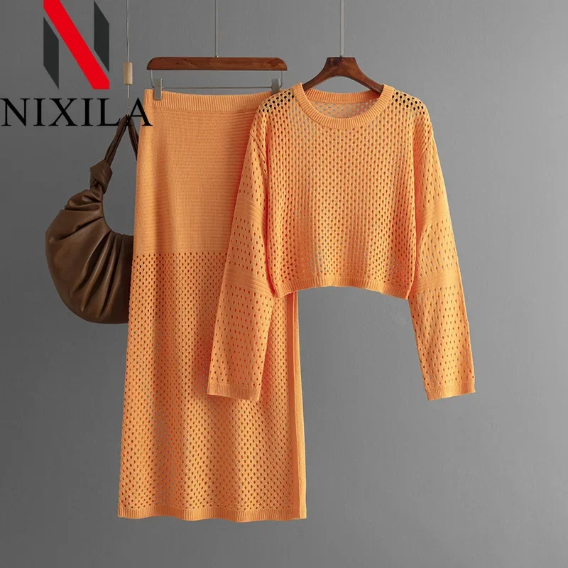 Spring Autumn Knitted Hollow Pullover Fashion Dress Two Piece Sets Womens Outifits Elegant Office Long Sleeved Tops Skirt Sets