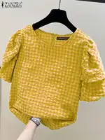 ZANZEA Women Summer Gingham Checked Blouses Casual Short Puff Sleeve O Neck Blusas Leisure Everyday Wear Commute Shirts Tops 2
