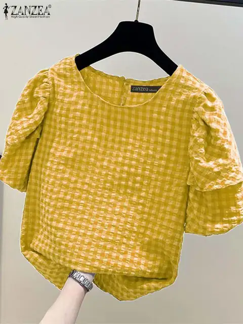 ZANZEA Women Summer Gingham Checked Blouses Casual Short Puff Sleeve O Neck Blusas Leisure Everyday Wear Commute Shirts Tops 2