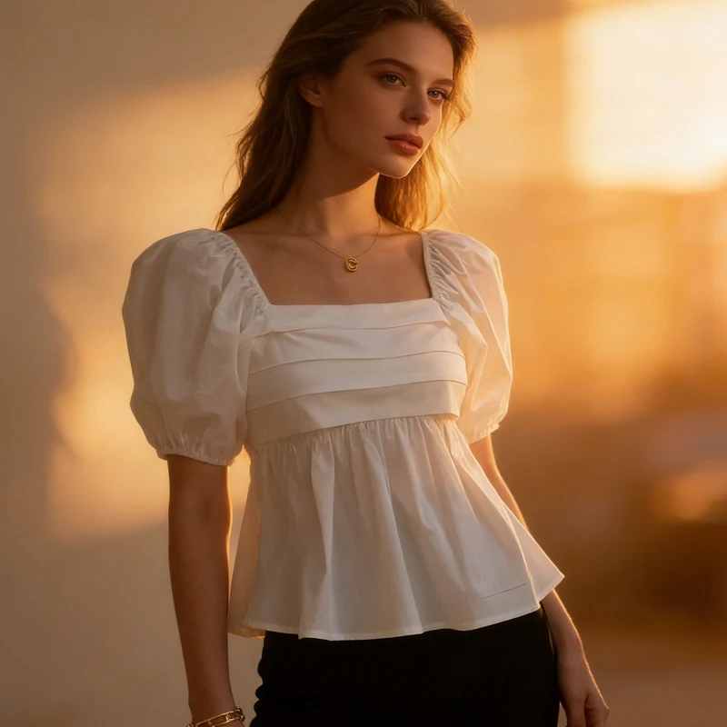 

Sweet Square Neck Puff Sleeve Blouse Ruched Peplum Casual Cute Top Elegant White Short Sleeve Shirt Summer Women's Clothing