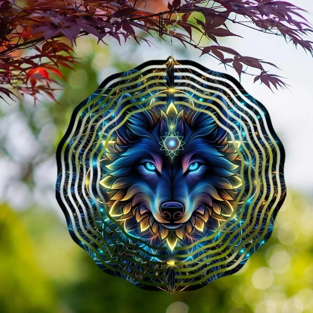 Wolf Metal Wind Spinner Animal Art Hanging Ornament with 360° Rotating Hook Dynamic Spin Decor Gift Balcony Garden Patio Yard