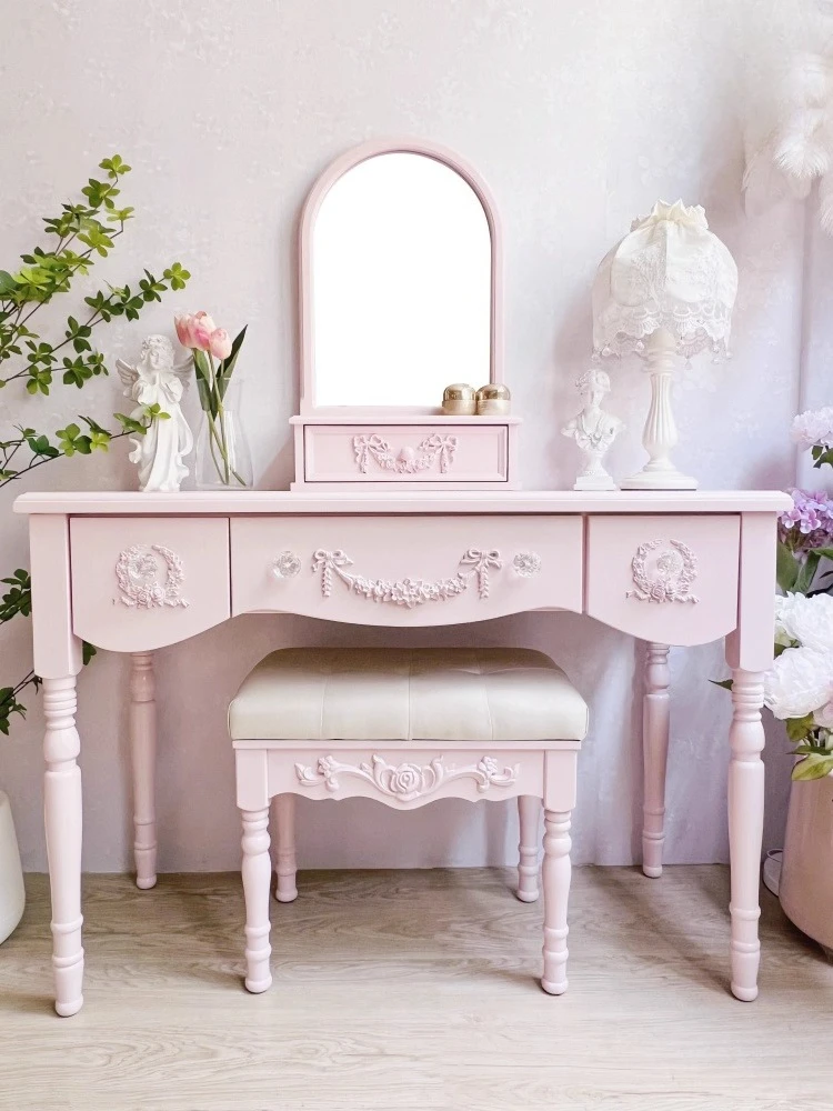 French vintage Carved Solid Wood Dressing Table Dopamine Bedroom Small Apartment Dressing Table Girl's Heart Desk