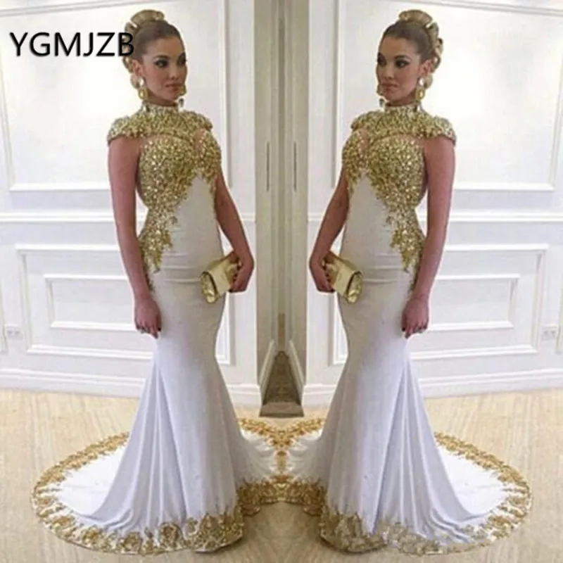 White Muslim Evening Dresses Elegent Long Formal 2024 for Wedding Mermaid High Neck Gold Appliques Crystal Women Prom Party Gown