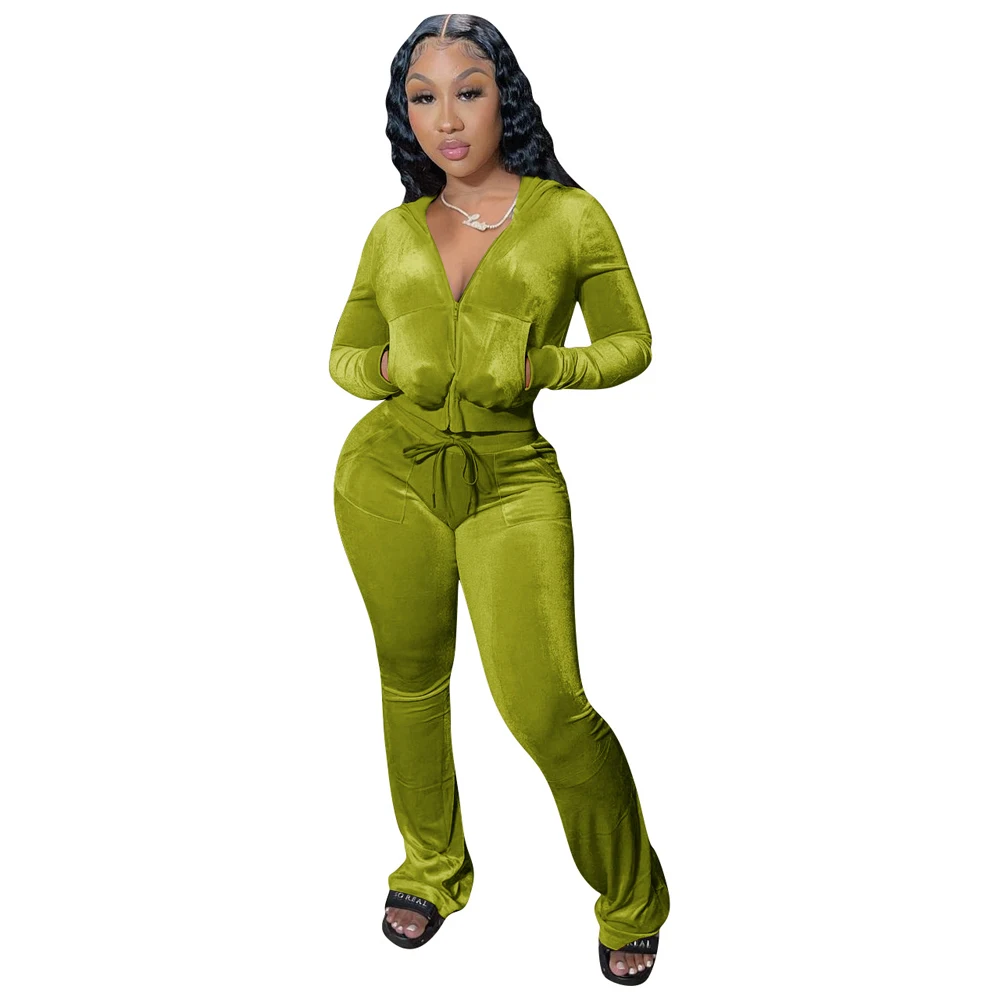 JENYAGE Damen Y2K Einfarbiger Velours Zweiteiler Trainingsanzug mit Reißverschluss-Kapuzenjacke und ausgestellter Hose mit Kordelzug, lässiger Jogginganzug – Detail 14