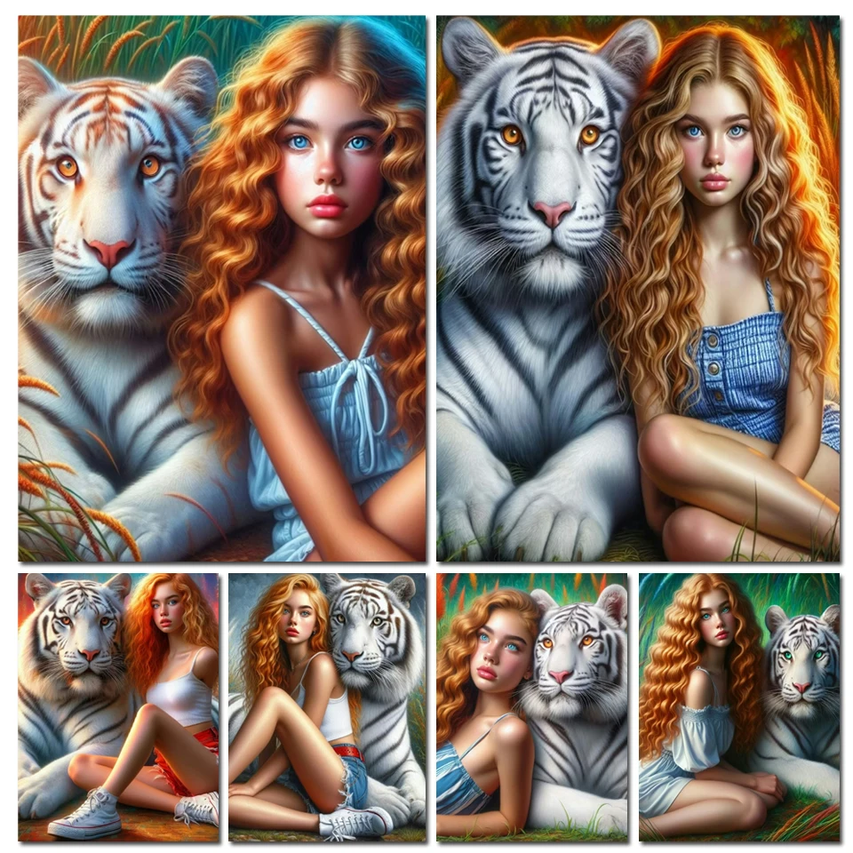 

DIY Алмазная картина Белый Тигр и Девушка Новинка 2024 Удивительная 5D DIY Алмазная мозаика Наборы для вышивки крестом Домашний декор