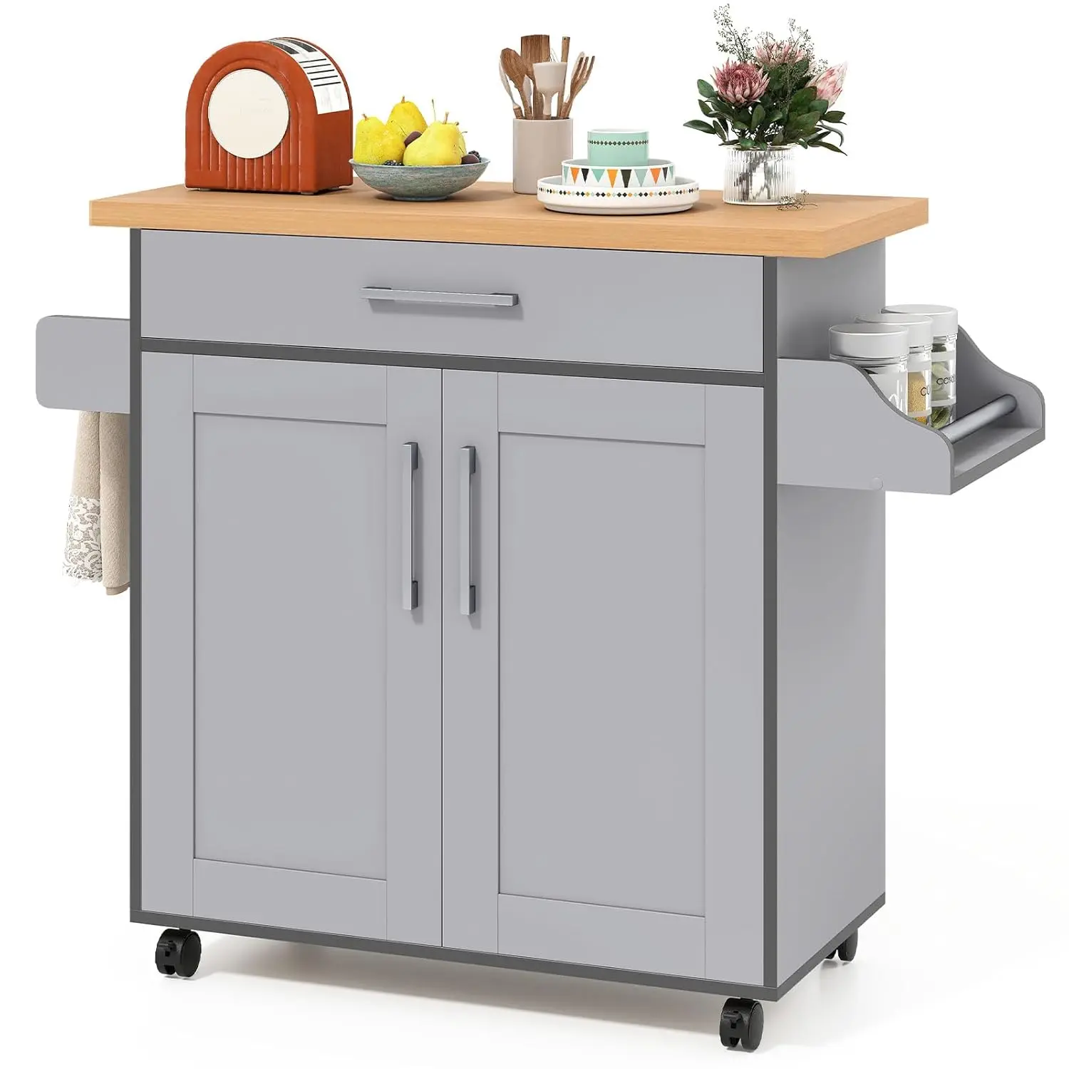 

Kitchen Island, Rolling Kitchen Cart with Spice and Towel Rack, Large Drawer & 2-Door Storage Cabinet, Home Service, Customized