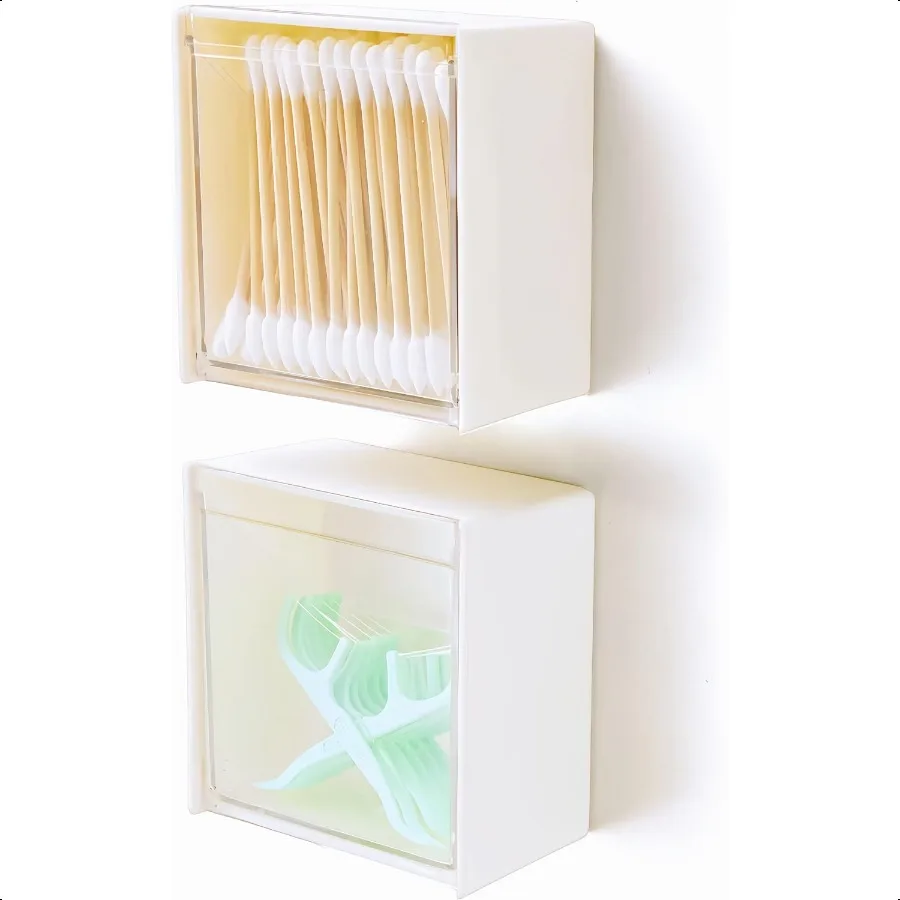 Qtip Holder Wall Mount for Cotton Swabs Balls Pads Hair Ties Floss Picks Small Plastic Bathroom Wall Organizers and Storage Set