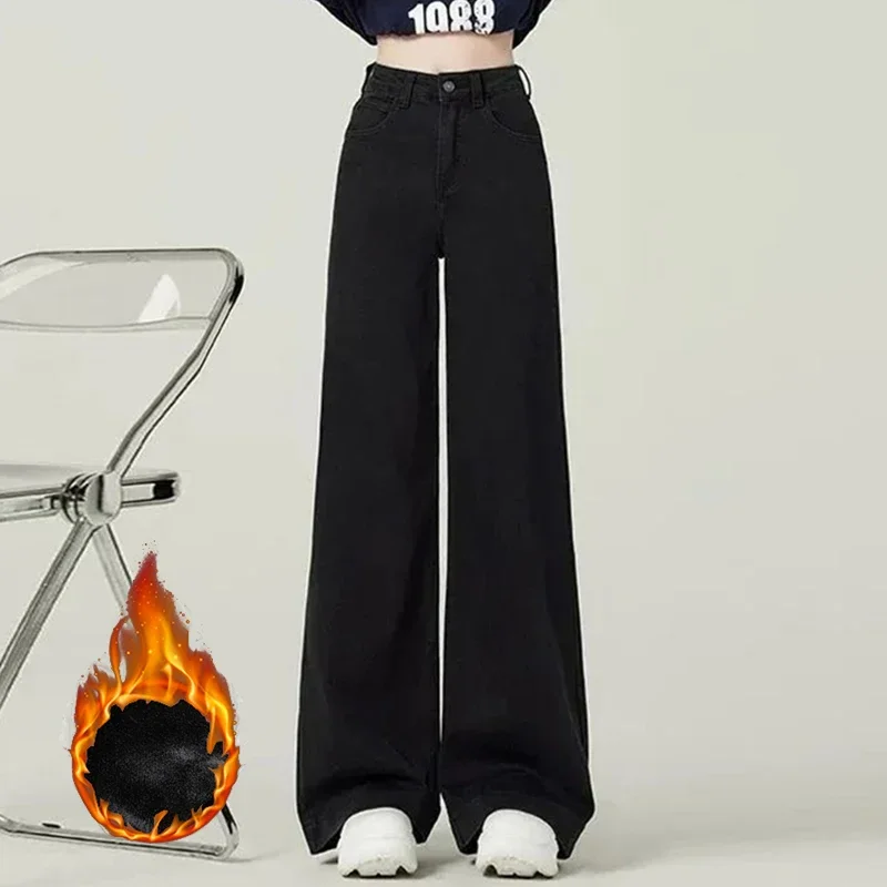 2025 الشتاء سيدة الكلاسيكية عالية الخصر أفخم الجينز الإناث الثلوج الدافئة عادية سراويل جينز الفتيات الكورية الصوف السراويل الحرارية