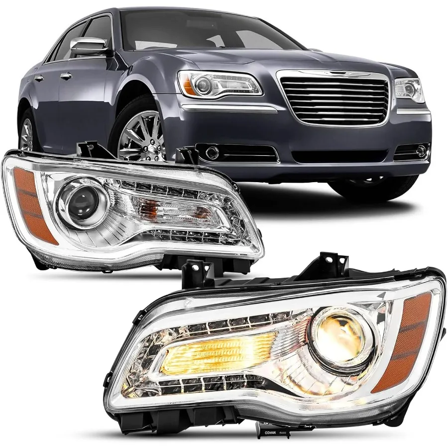 

2011-2023 Chrysler 300/300C Headlight Assembly Halogen Chrome with Amber Headlamp Replacement Pair Set for 11-23 Chrysler 300/3