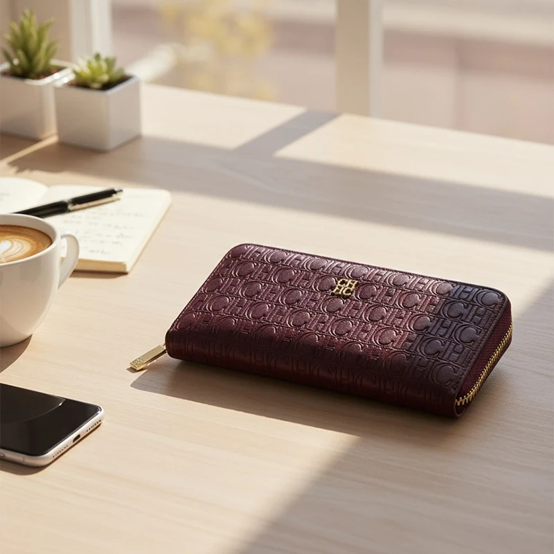 CH Womens Minimalist Long Wallet Solid Color Embossed Gold Logo Zipper Closure Multi Card Slots Coin Pocket All Match Purse