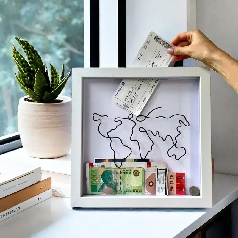 Adventure Archive Boxes Travel Ticket Shadow Box with Slot Memory Boxes Keepsakes Money Ticket Holder Map Storage Frame Holder