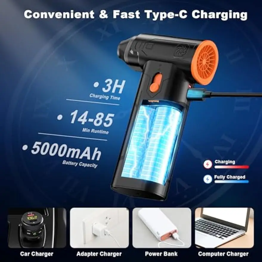 130,000RPM 무선 에어 더스터, 브러시리스 모터 탑재, 가정 및 야외 청소용으로 조절 가능