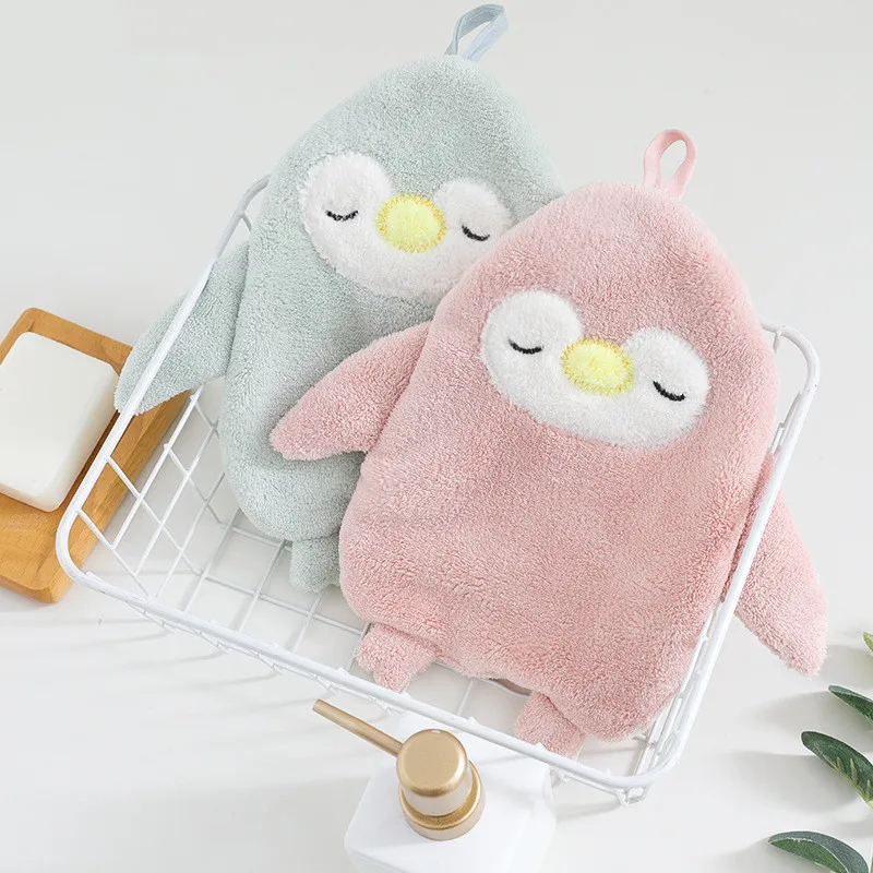 

1Pc 18x24cm Cartoon Penguin Hand Towel Soft Coral Super Absorbent Hanging Home Kitchen Washcloth