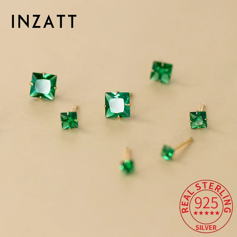 

INZATT Real 925 Sterling Silver Emerald Zircon Square Stud Earrings for Women Cute Fine Jewelry Exquisite Luxury Accessories