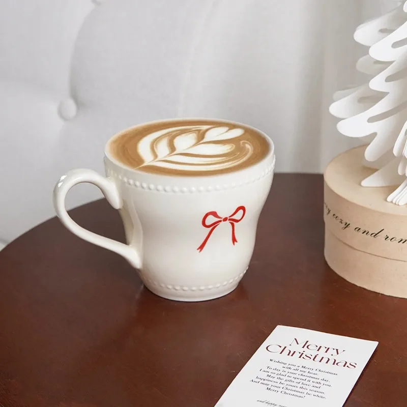 

1 bow tie ceramic cup, bead lace design, suitable for home decoration, daily breakfast drinking cup, afternoon tea, latte, gift
