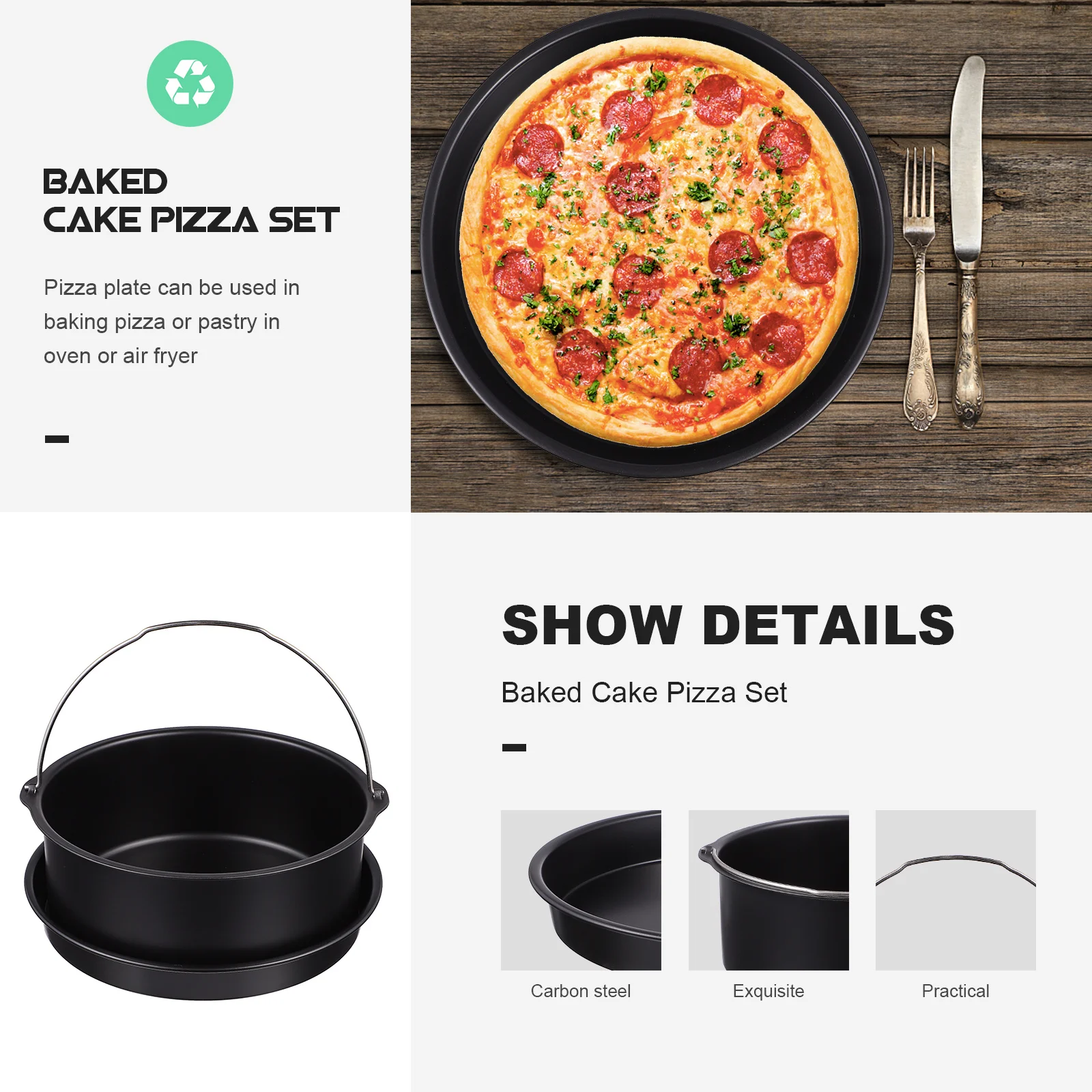 

8Inch Air Fryer Accessories Carbon Steel Cake Basket Pizza Pan Non-Stick For Baking Cooking Steaming Fish Bread Dessert
