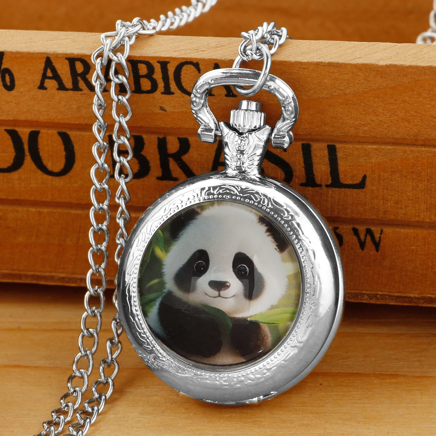 Silver Stainless Steel Cute Panda Glass Dome Quartz Pocket Watch Necklace Kids Children Jewelry Pendant Chain Clock Gift