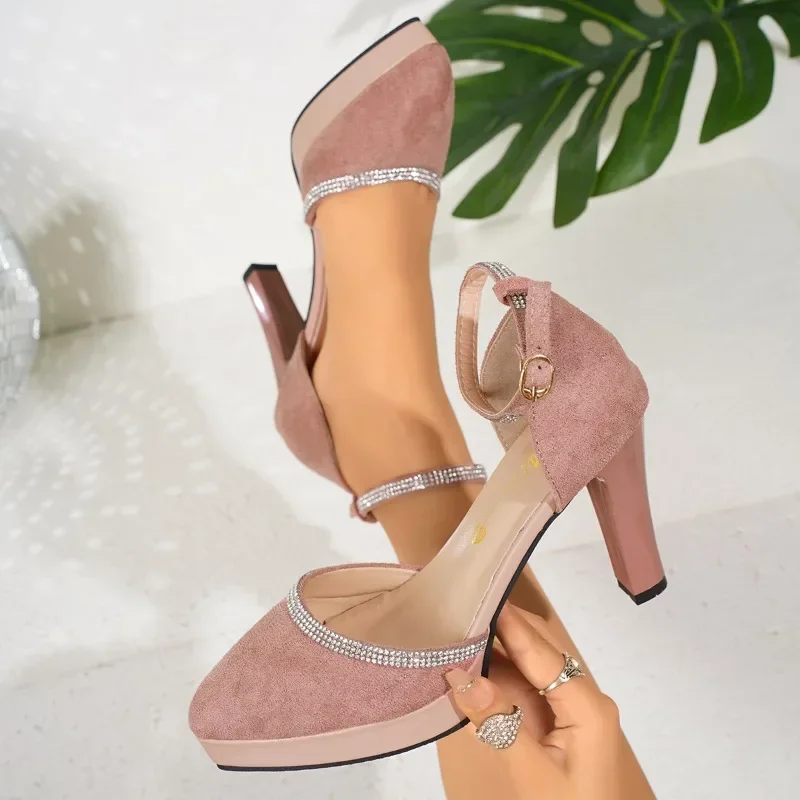 Pointed Toe Thin Heel Women's High Heels Fashion Party Ladies Shoes 2024 Ankle-wrap Crystal Buckle Strap Pumps Salto Alto