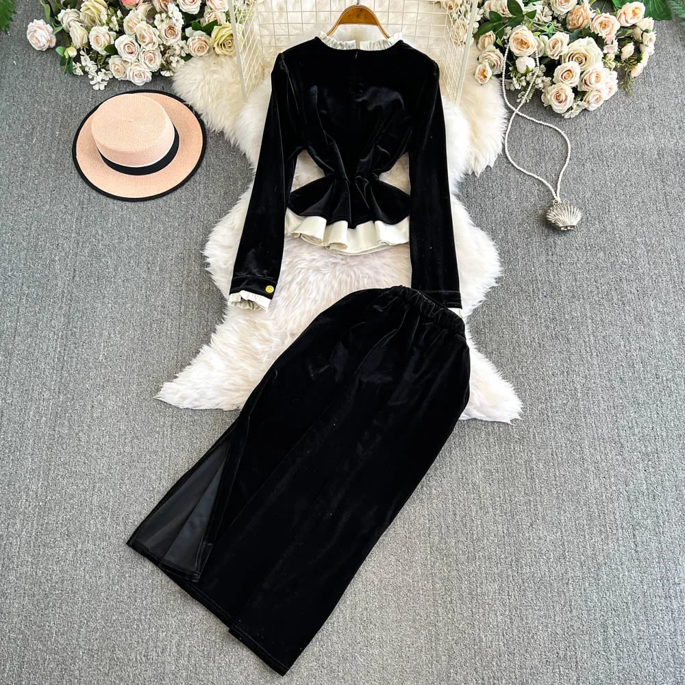 Chic Women Two-Piece Sets Vintage O-neck Metal Buckle Top and High Waist Split Skirt High Street Autumn Winter Velvet Clothing