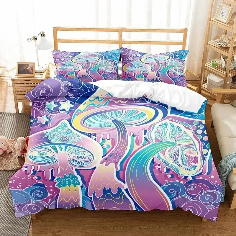 Mushroom Kids Duvet Cover King Queen Cartoon Trippy Colorful Fantasy Mushroom Soft Bedding Set Black Pink Polyester Quilt Cover