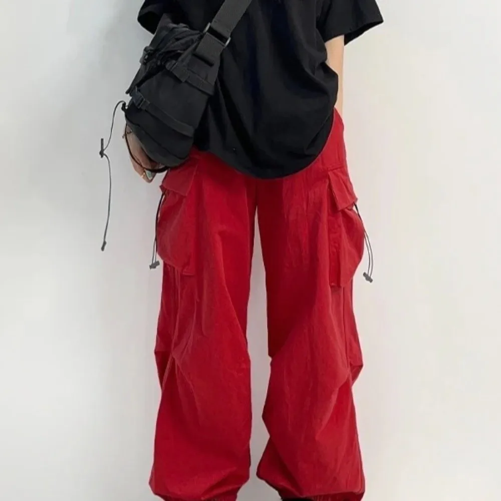 Elasticated Waist Women Drawstring Pants Long Trousers Multi-pockets Baggy Cargo Pants Black Red Sweatpants Women's Harem Pants