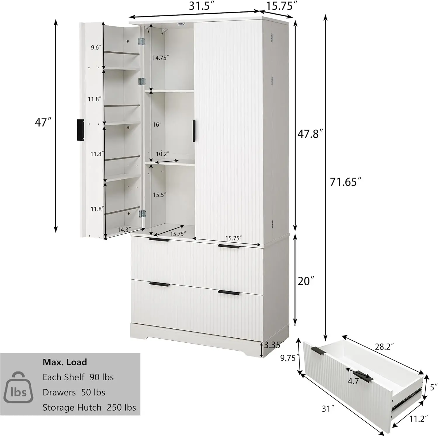 高さ72インチのキッチンパントリーキャビネット、納屋ドア2枚と引き出し2個、調節可能な棚付きの溝付きバスルーム収納キャビネット、