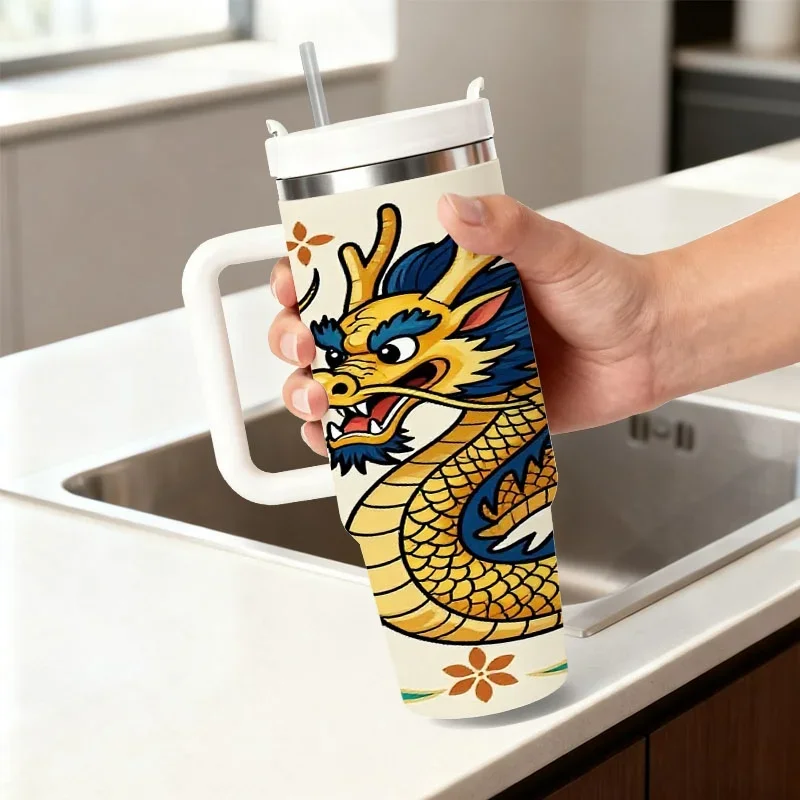 Vibrant Cartoon Chinese Dragon Digital Print 40oz Stainless Steel Insulated Tumbler, with Traditional Chinese Cloud & Floral Motifs, Reusable Drink Container for Daily Commute, Office, Picnic & Outdoor Activities