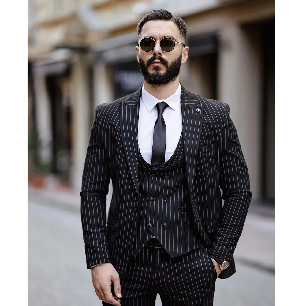 High Quality Black Pinstripe Men Suits Single Breasted Peak Lapel Formal Wedding 3 Piece Jacket Pants Vest Slim Fit Blazer Set