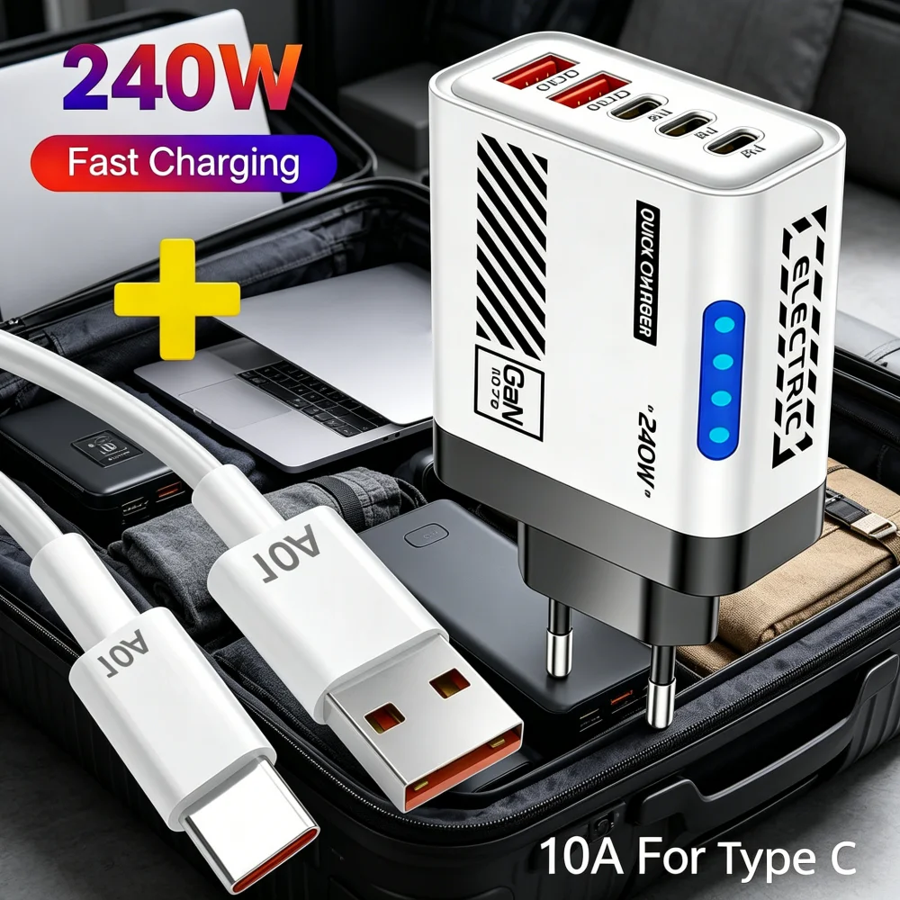 240W 5-Port USB & Type C Fast Wall Charger with 10A Type-C Cable Multi Port GaN Adapter For iPhone 15 16 Samsung Xiaomi Huawei