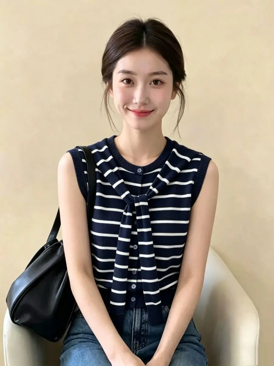 Summer Fashionable Striped Color Block Sleeveless Knitted Vest Women's Simple Style Belted Top College Style Commute Wind