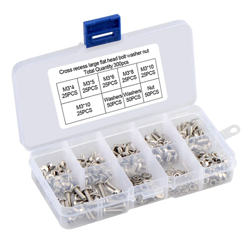 300PCS M3 304 Stainless Steel Cross Recess Large Flat Round Head Machine Screws Kit Phillips Bolt with Washers Nut Set