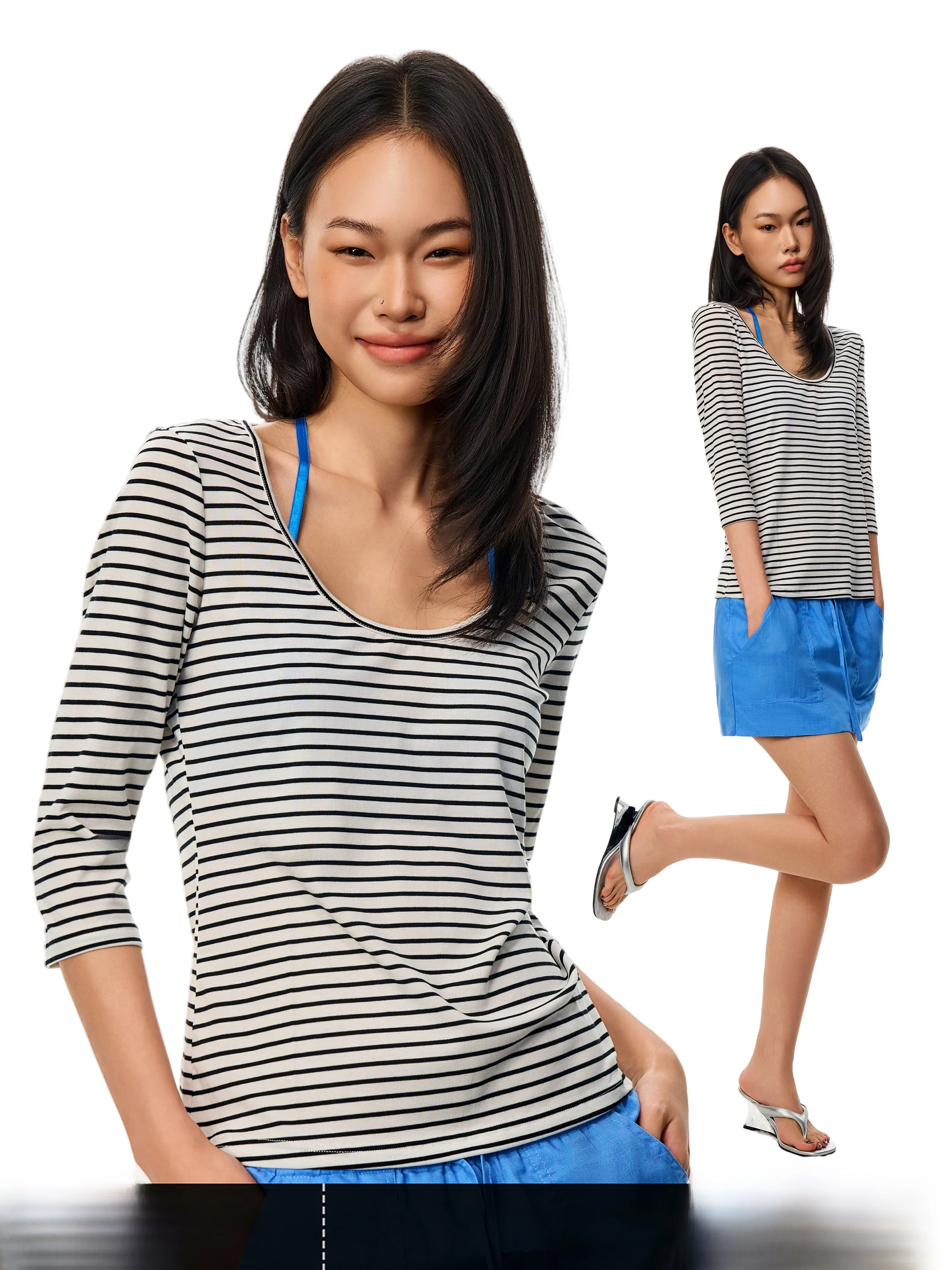 GO GO BURN American Style White Stripe See-through U-neck Seven-quarter Sleeve Women's T-shirt Loose Slimming Top