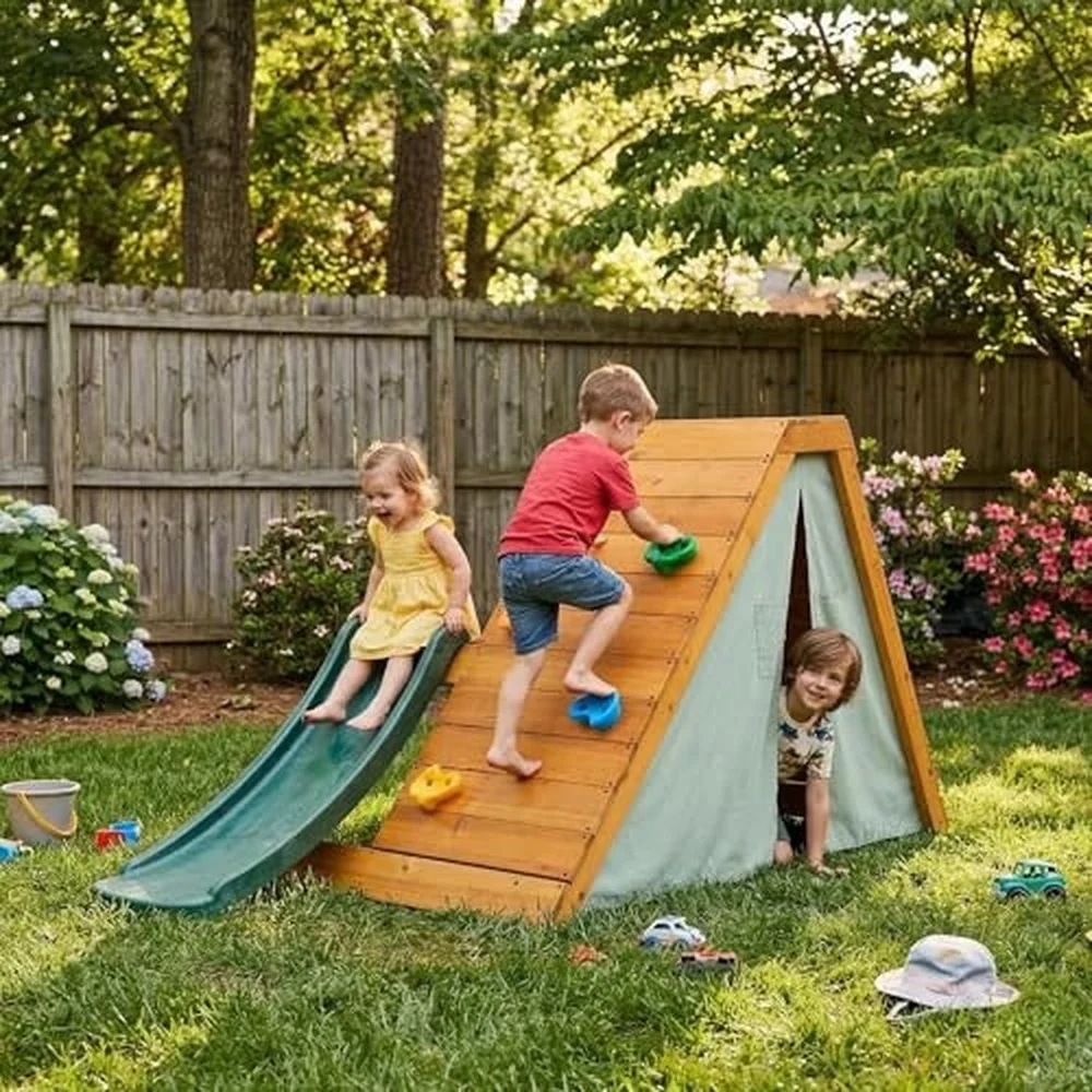 Palm 5 in 1 Wooden Outdoor Playground for Toddlers – Montessori Climbing Playset with Ladder Rock Wall 4 ft Slide &