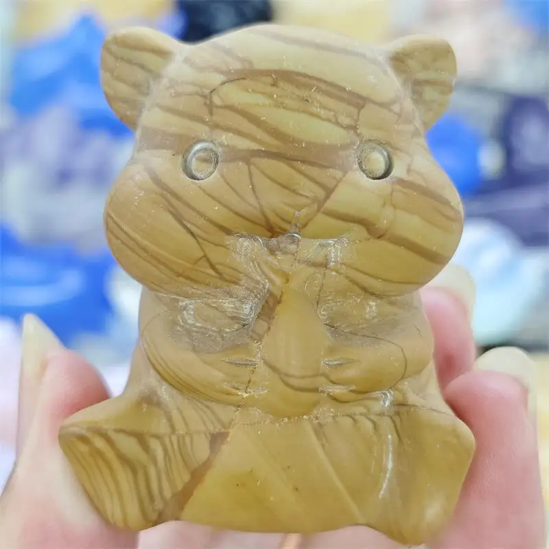 Natural Wood Grain Stone Cartoon Hamster Carving Crystal Healing Animals Figurines Home Decorations DIY Holiday Gift 1pcs