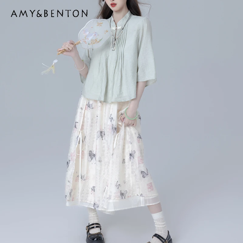 New Chinese Original Uniform Basic Green Light and Breathable Medium and Long Pleated Top Light Colored Printed Skirt Suit Girls