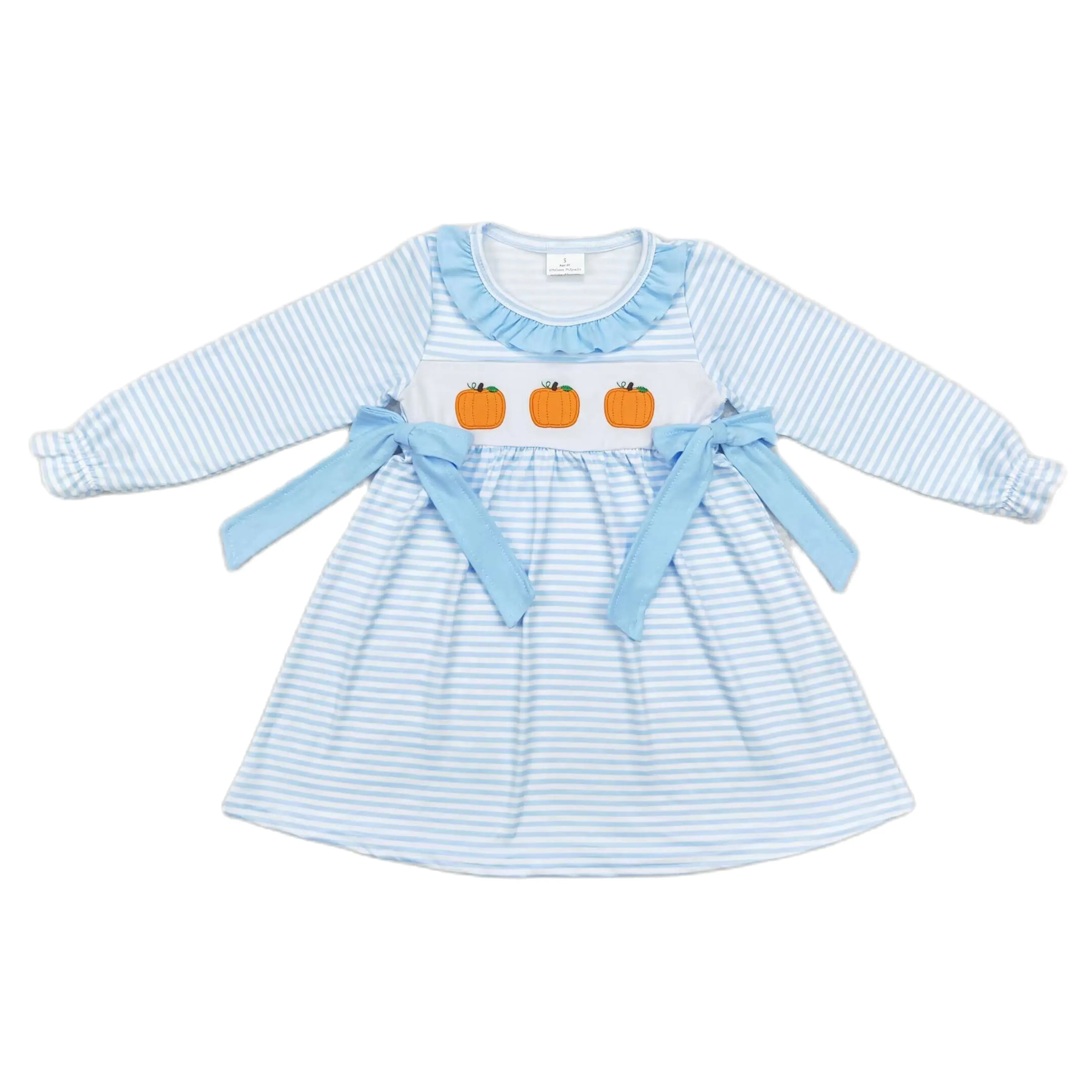 

Wholesale Infant Toddler Embroidery Pumpkin Ruffle Dress Kids Children Fall Long Sleeves Baby Girl Thanksgiving Clothing