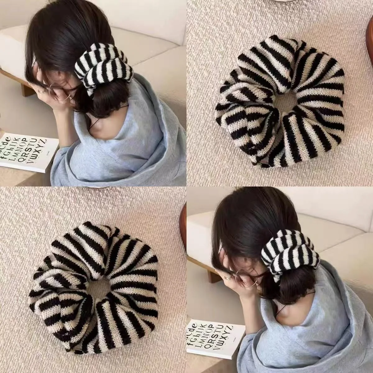 2pcs Black Patterned Knotted Headband and Brown Logo Scrunchie Set Scrunchies Hair Womens Fashion Headbands main image 2