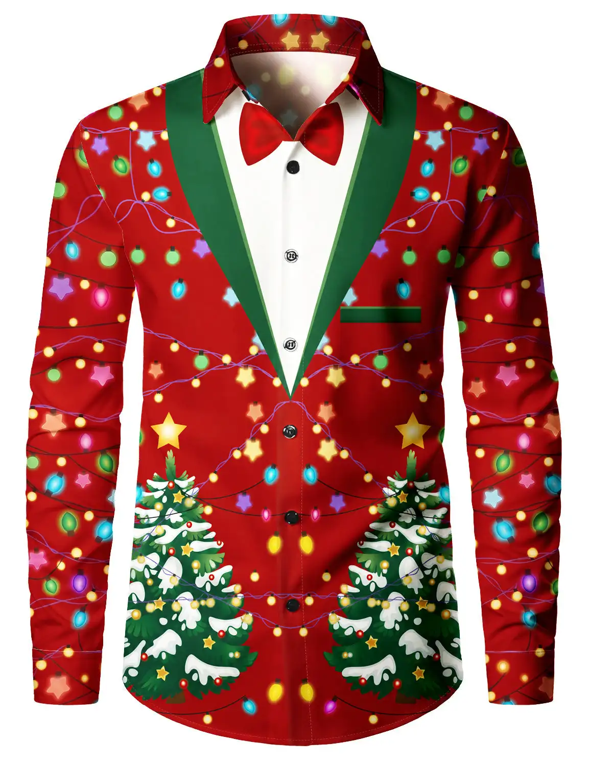 Novelty Casual | Christmas Costume Party | Funny Fake Suit Bow Tie Graphic | Men Long Sleeve Shirt