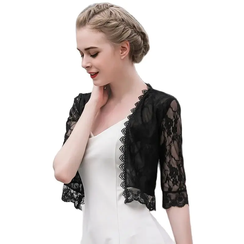 Bolero Women Femme Long Sleeve Lace Jacket Casual Lace Appliqued Shawl Shurg Wedding Bridal Cape Party Wedding Wrap Short Coat