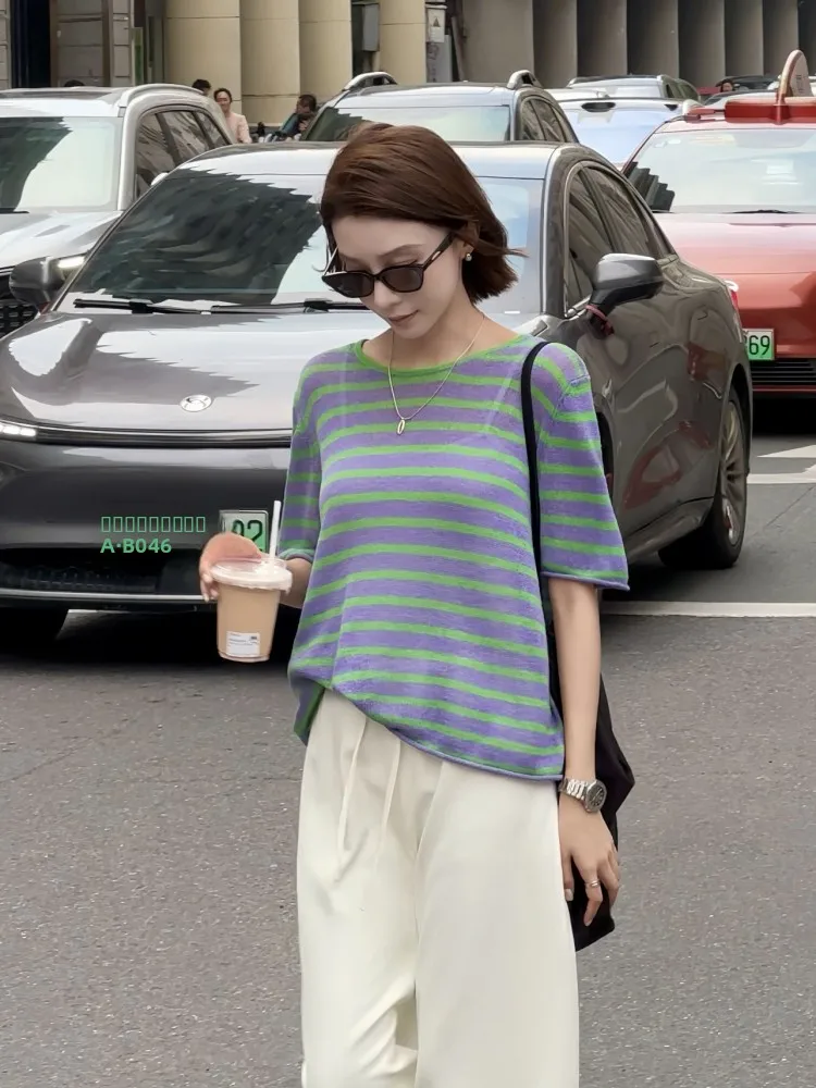 

Laid-ba Contrast Color Summer Vintage Striped Knitwear Week Lazy Sle Cotton Blend ort Sve round Ne Top