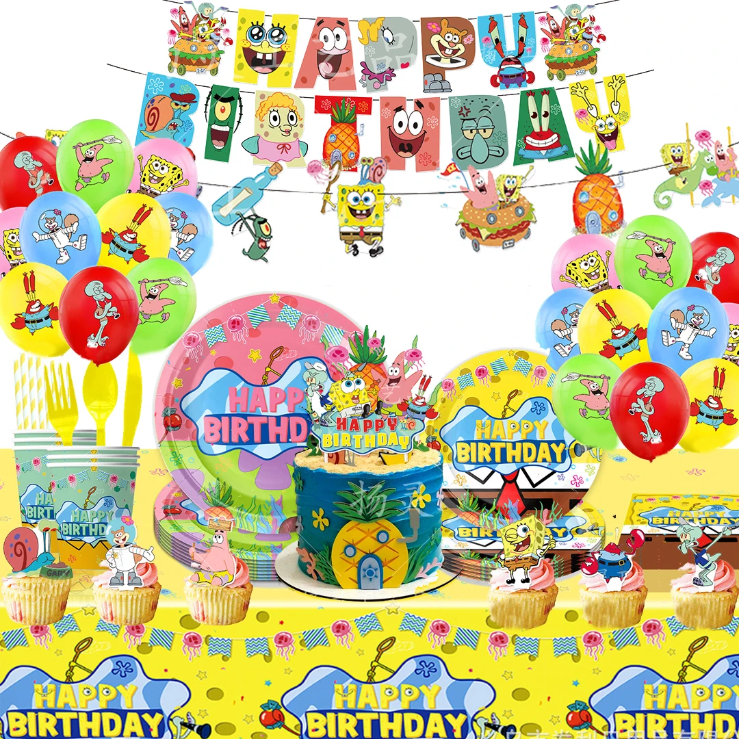 Suministros de fiesta de cumpleaños de Bob Esponja, pancarta desechable, adorno para pastel, bandera colgante, conjunto de globos de Bob Esponja, Decoración de cumpleaños