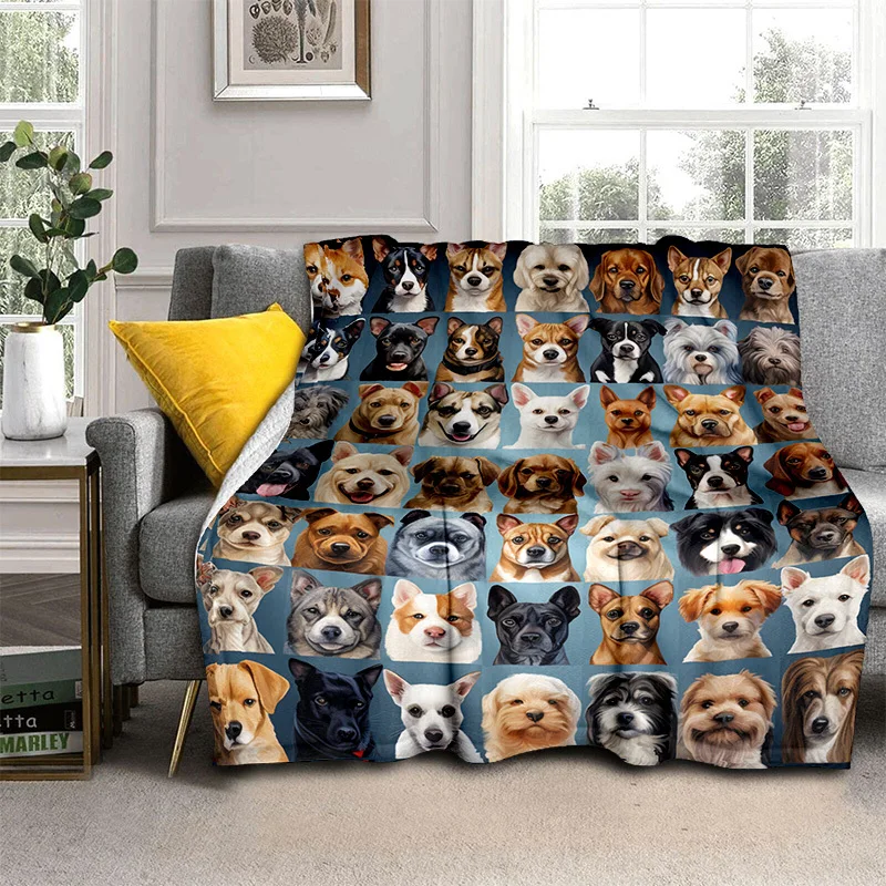 Dog Faces Pattern Fleece Blanket Pet Lover Gift Cute Animal Print Soft Warm Throw for Dog Owners