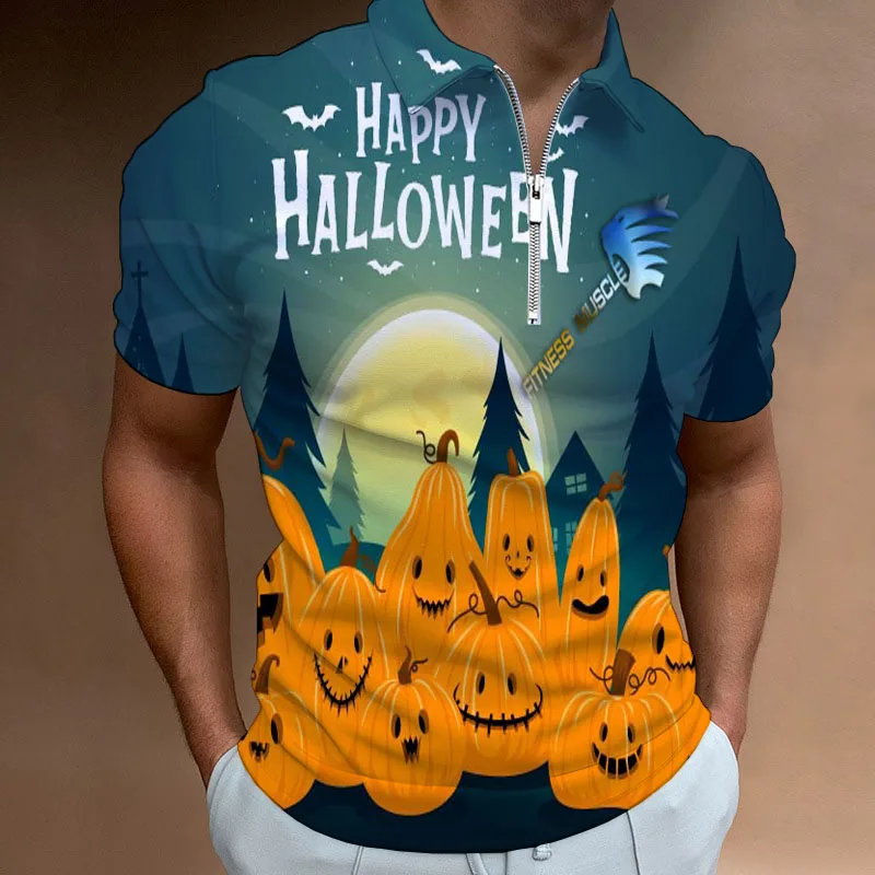 Men's Comprehensive Training Polo Shirts 3D Printing Happy Halloween Fitness Muscle Sweatshirts Golf 3D Street Zipper Polo Shirt