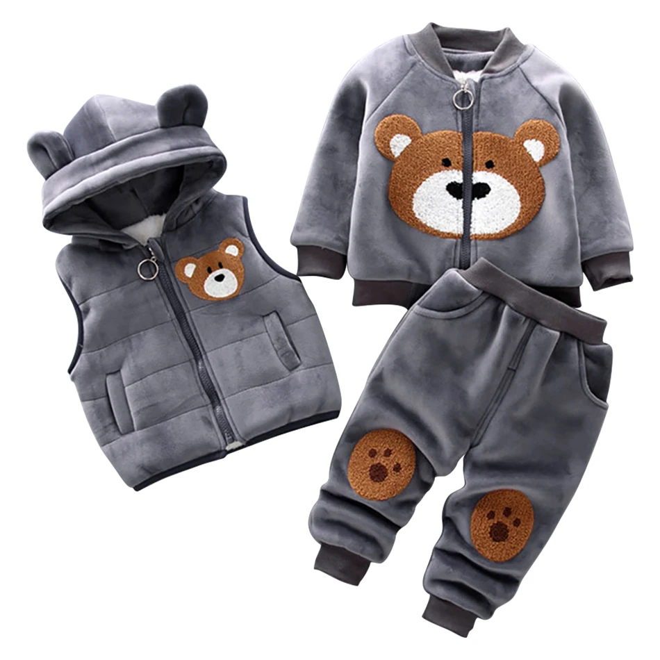 Adorable Bear Kids Hoodie and Pants Set Cozy Fleece Lined 3-Piece Children Winter Outdoor Activities Casual Set