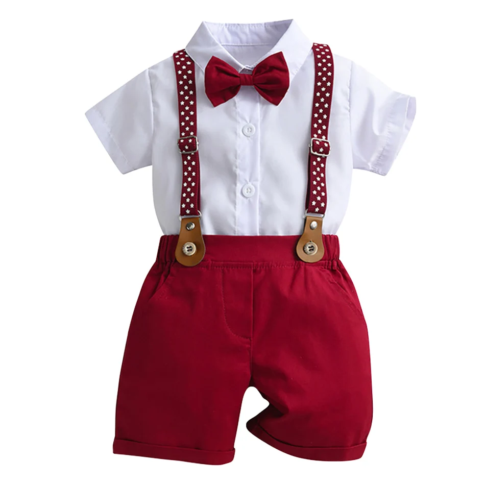 

Children's Sets Boys White Short Sleeve Shirts with Bowtie + Red Strap Shorts Fashion Gentleman Formal Suit Boy's birthday gift