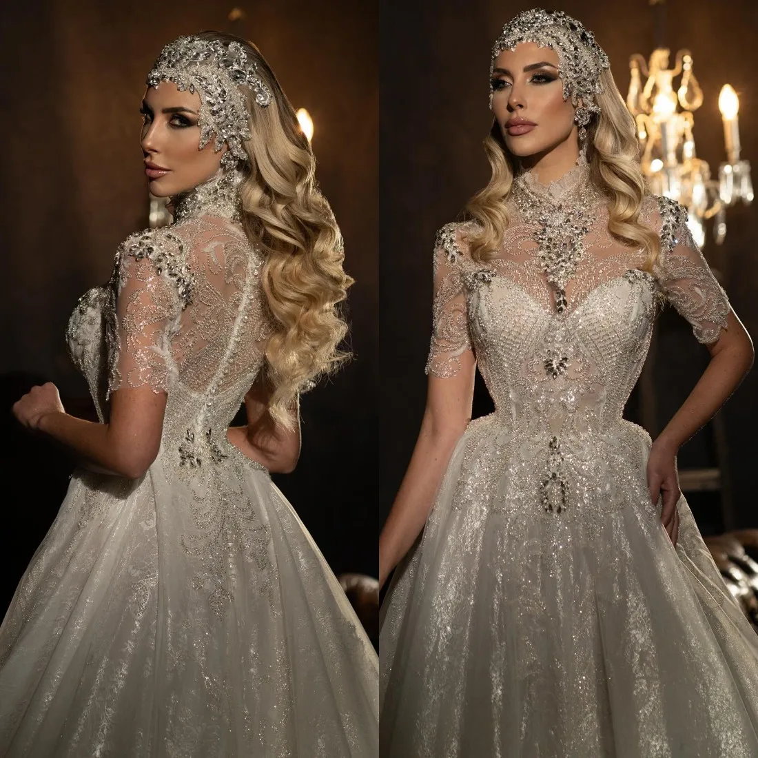 Fashion A Line Wedding Dresses High Collar Short Sleeves Appliques Lace Sweep Train Bridal Gowns Custom Made Robe De Mariée