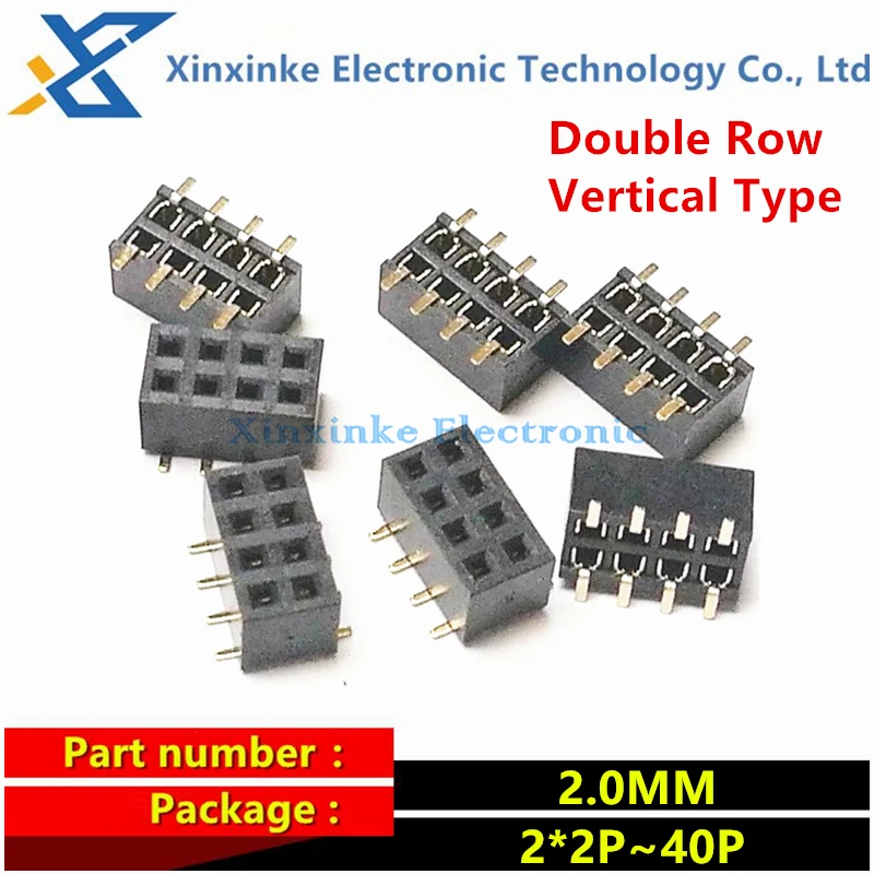 

20PCS 2*2P 3P 4P 5/6/7/8/9/10/11/12/13/14/15/16/17/20/25/30/40P Double Row Vertical Type Female Header Socket Pitch=2.0MM Female